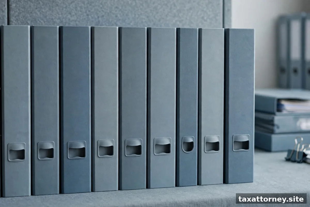 Organized business records binders on a shelf