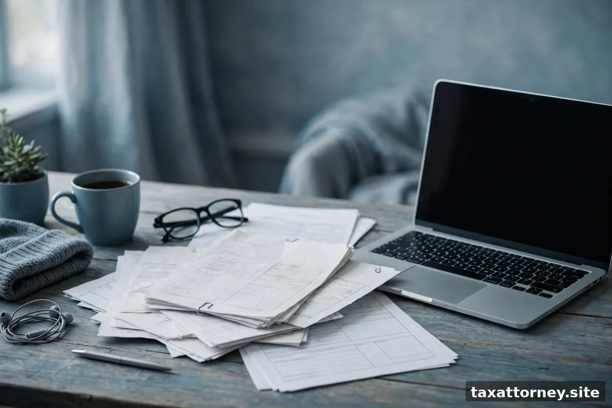 Freelancer workspace with laptop and tax papers