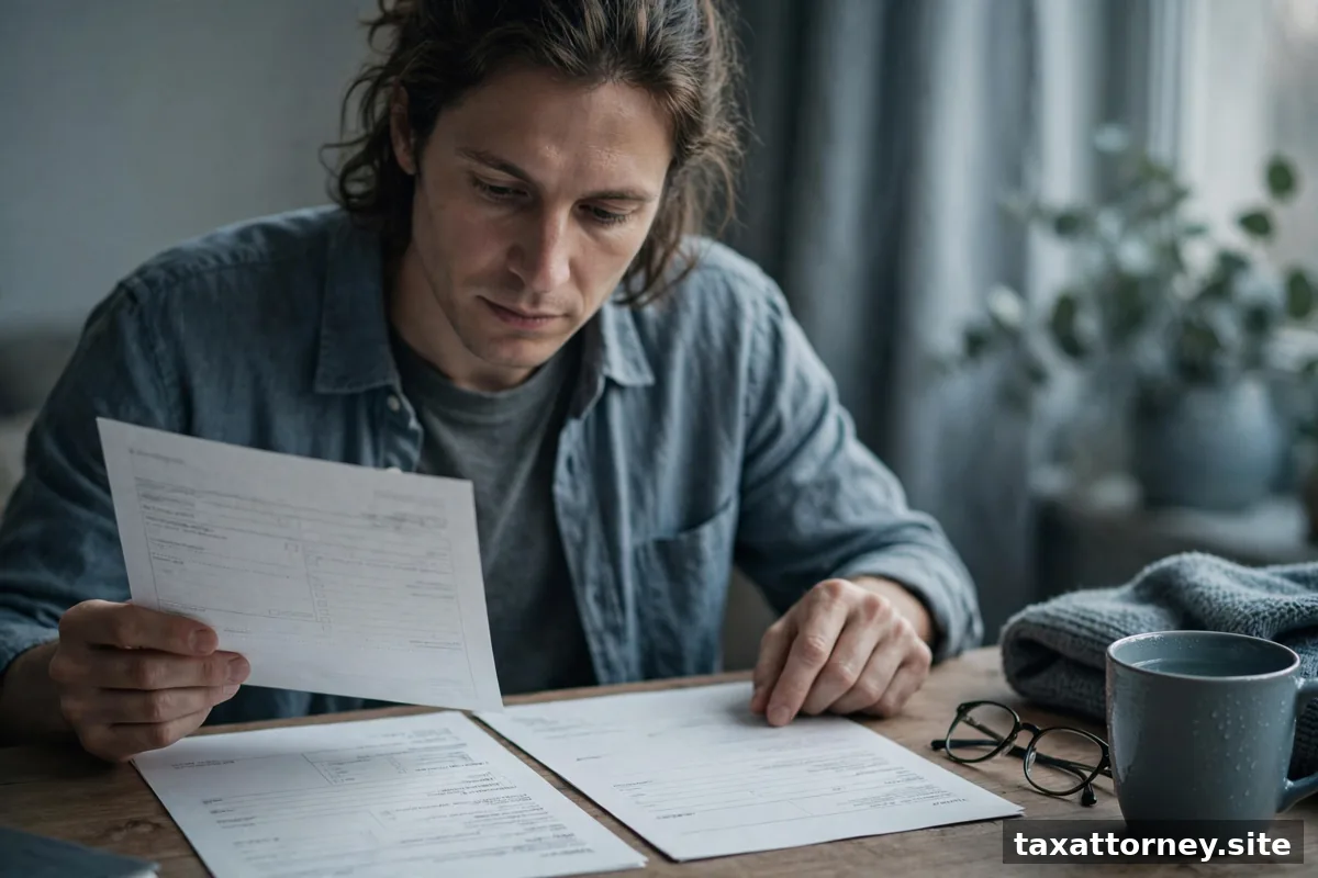 Person comparing pay stubs to a tax notice