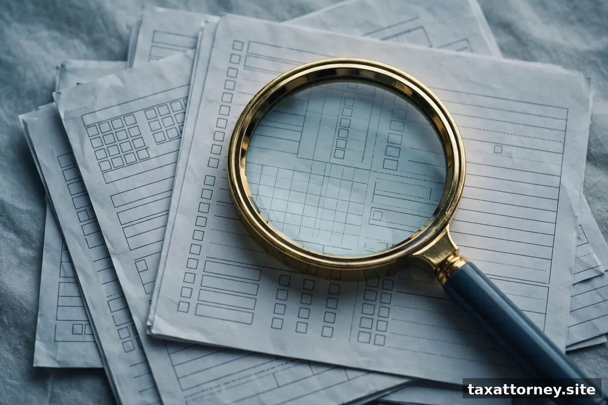 Magnifying glass over tax return forms