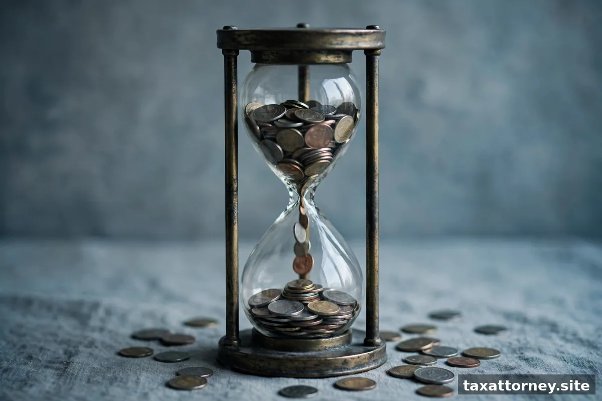 Hourglass with coins symbolizing IRS penalties growing over time