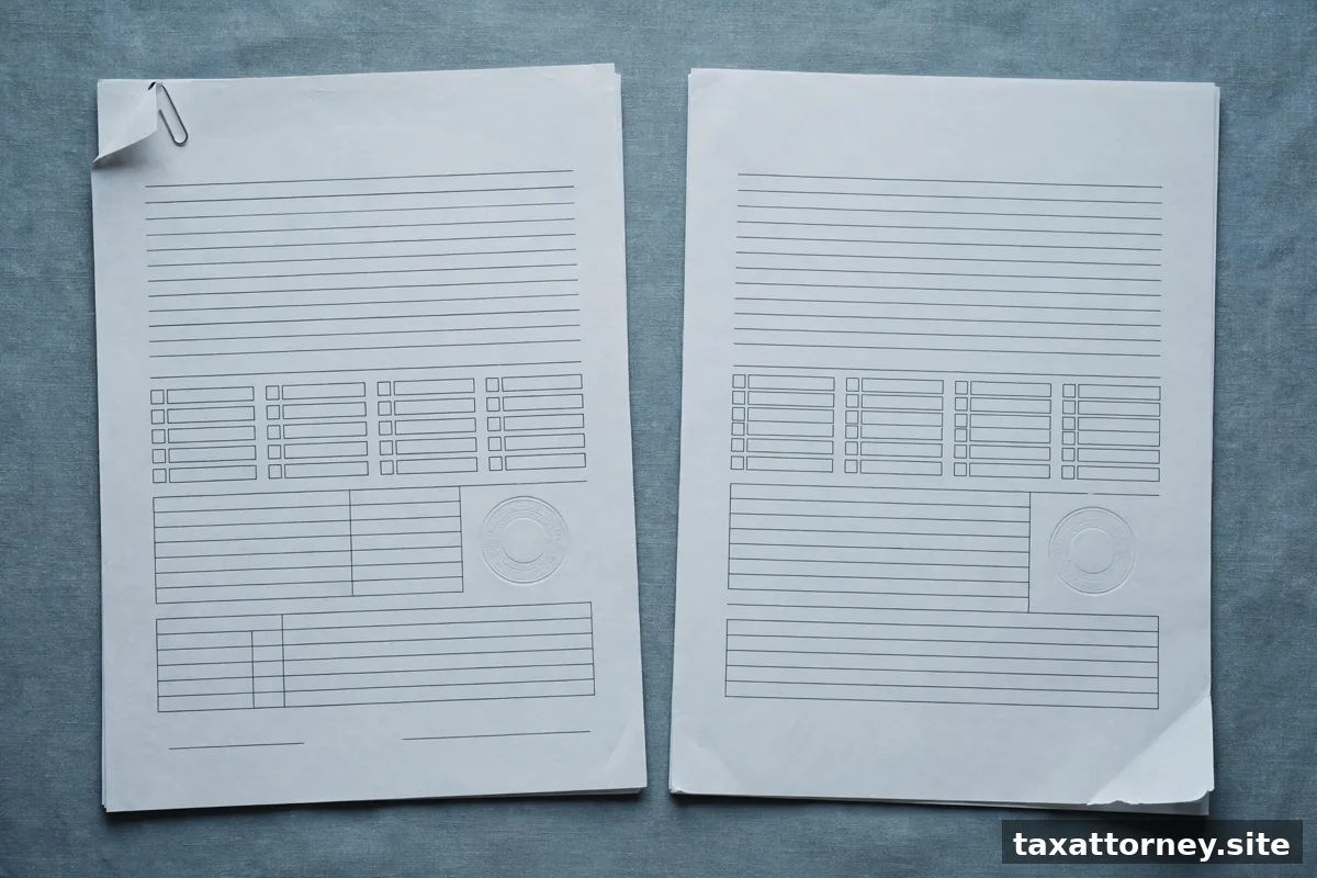 Two blank business entity documents side by side on a blue-gray surface