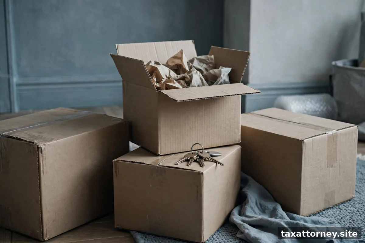 Moving boxes with house keys on top