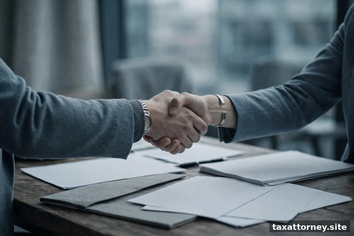Two people shaking hands over documents
