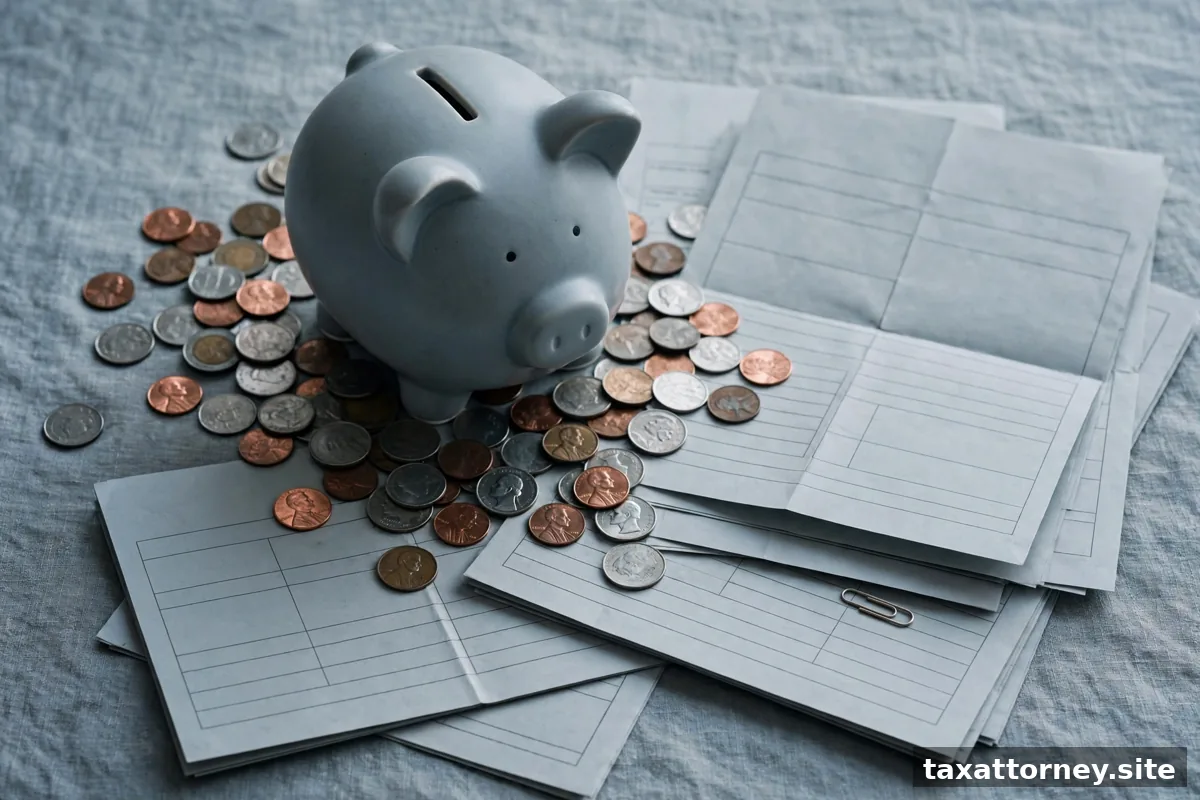 Piggy bank with coins next to tax forms