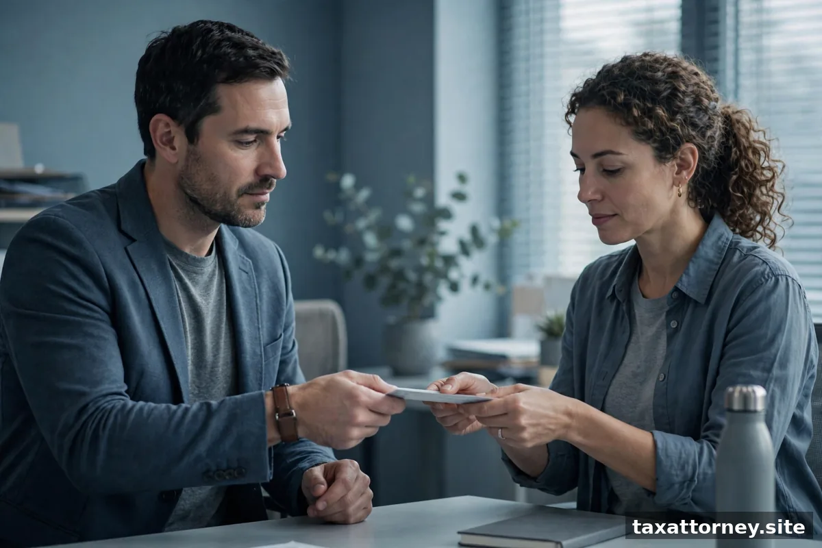 Employer handing a paycheck to an employee
