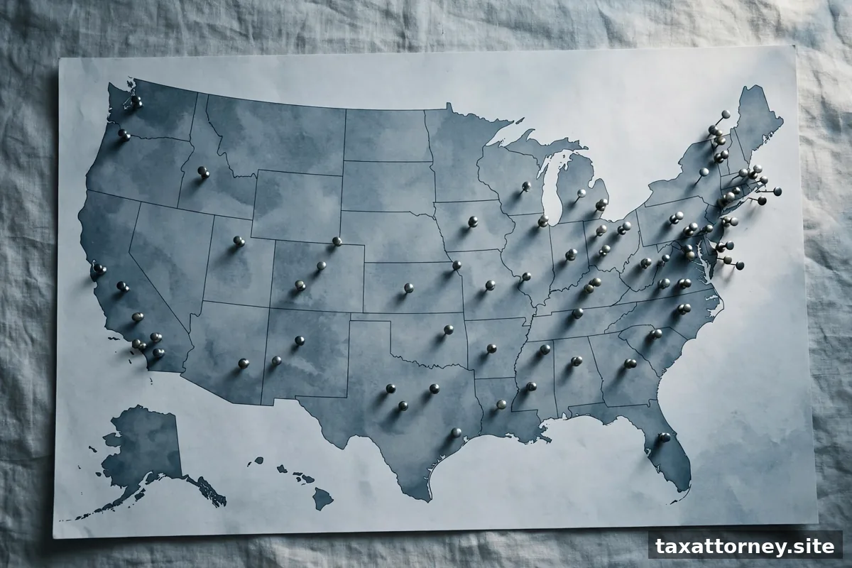 US map with location pins marking states