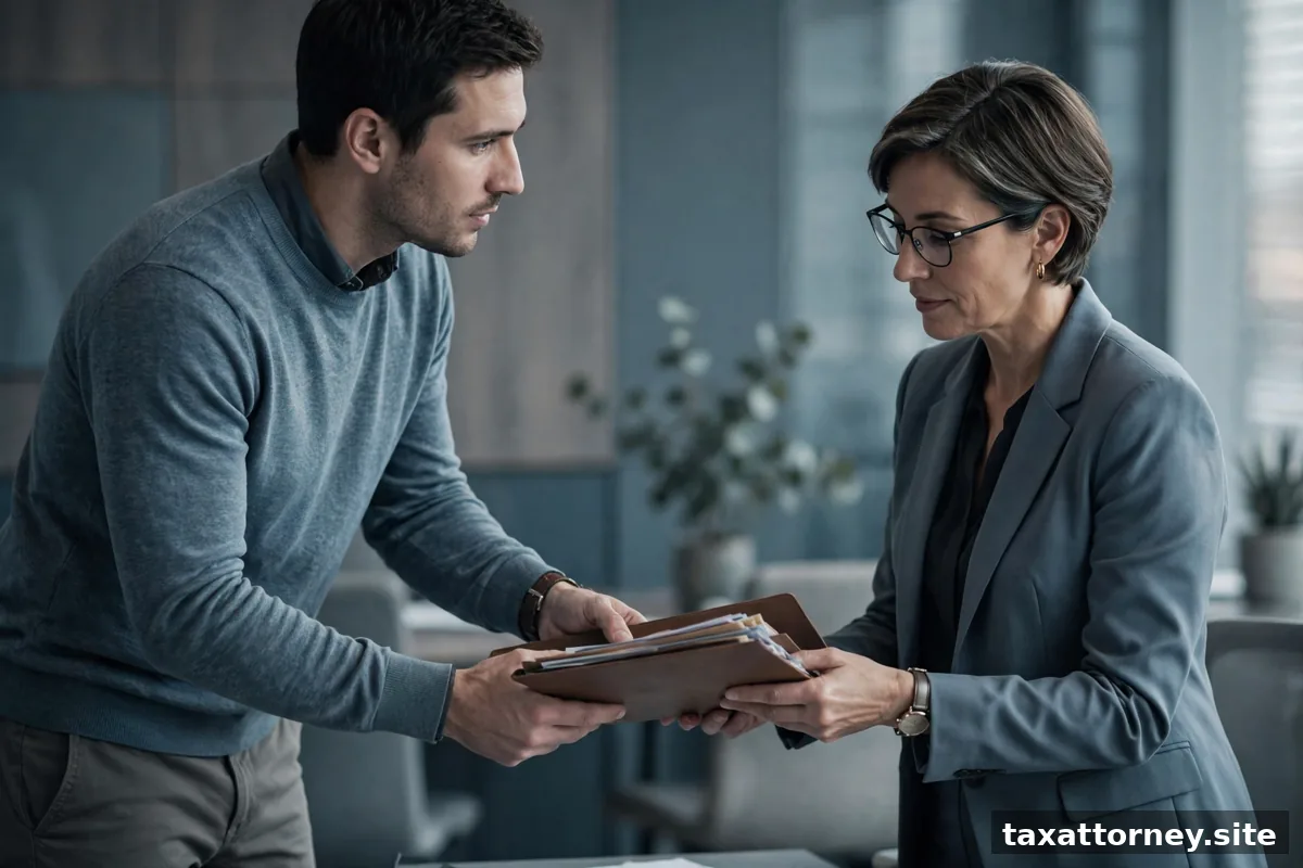 Taxpayer handing financial records to a professional advisor