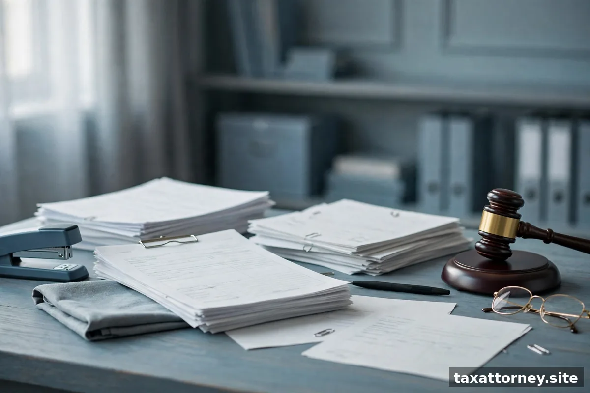 Tax attorney's desk with case documents and gavel